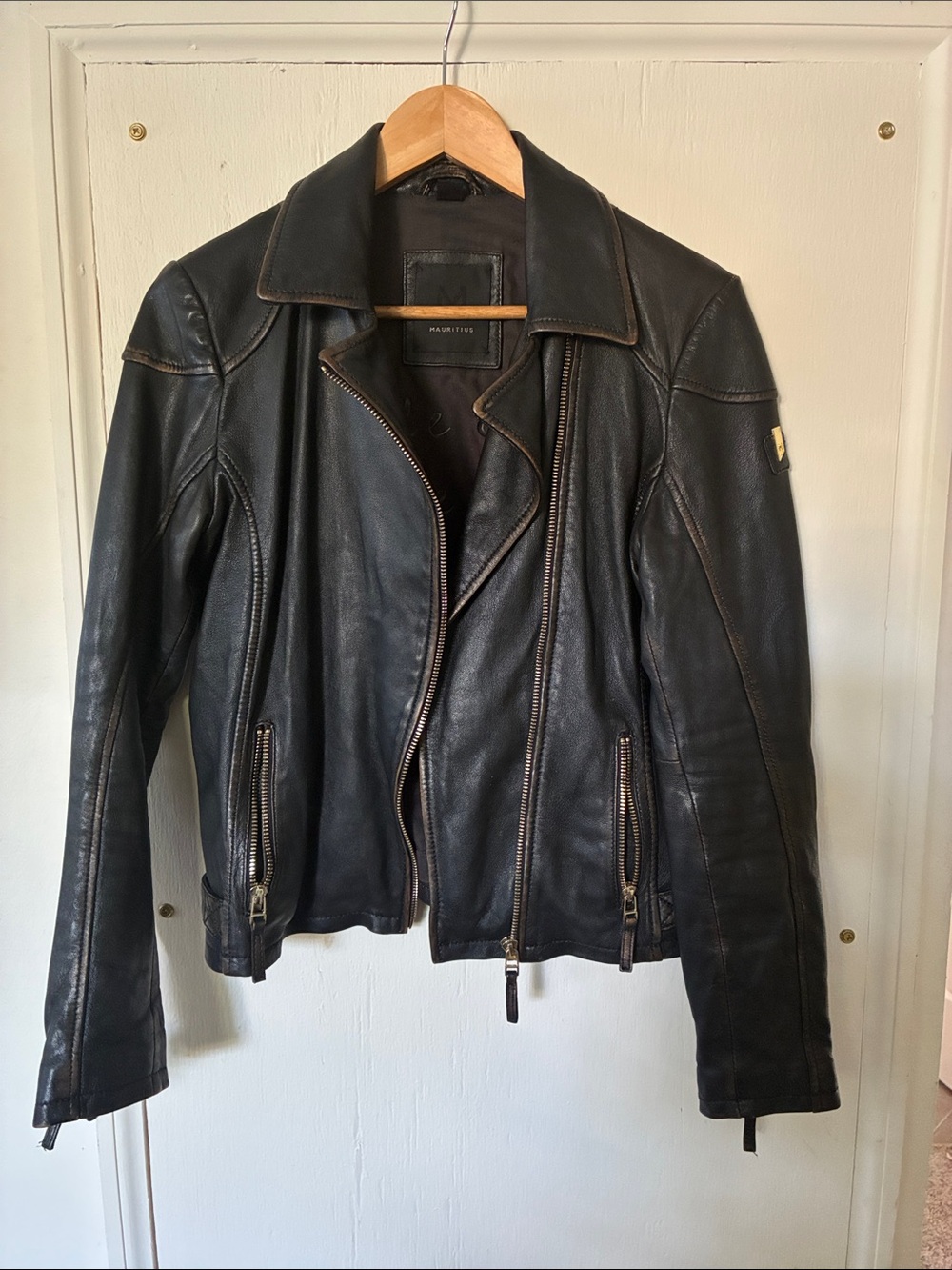 Men's Black Leather Biker Jacket with Zip Details